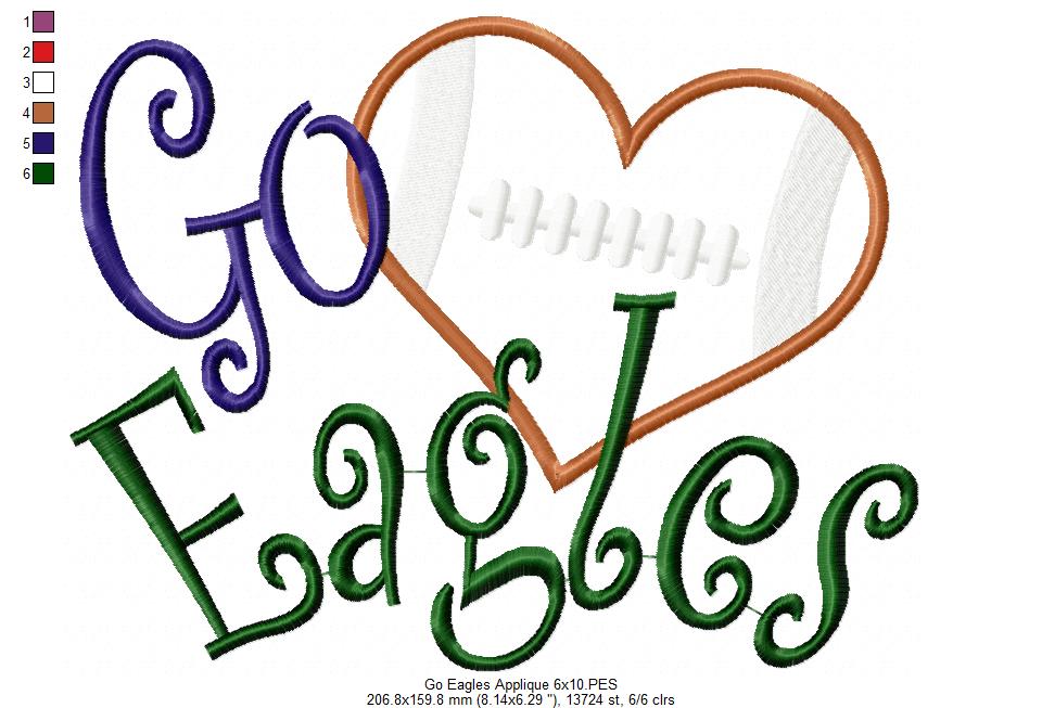 Football Go Eagles - Applique - Machine Embroidery Design