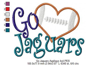 Go Jaguars Football Heart – Appliqué – Machine Embroidery Design