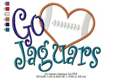 Go Jaguars Football Heart – Appliqué – Machine Embroidery Design