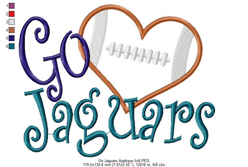 Go Jaguars Football Heart – Appliqué – Machine Embroidery Design