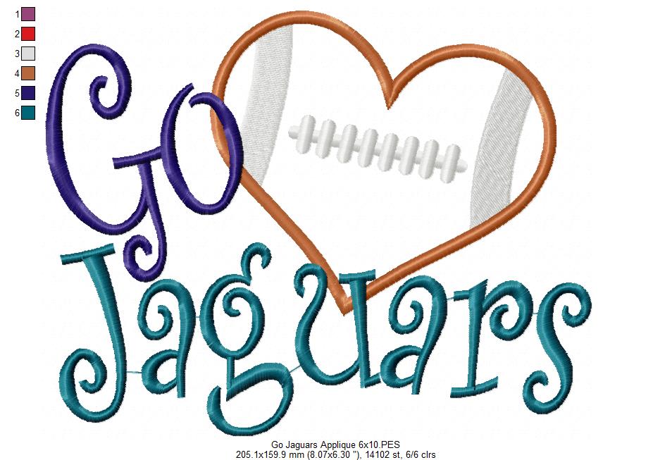 Go Jaguars Football Heart – Appliqué – Machine Embroidery Design