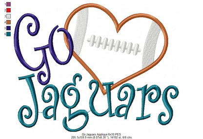 Go Jaguars Football Heart – Appliqué – Machine Embroidery Design