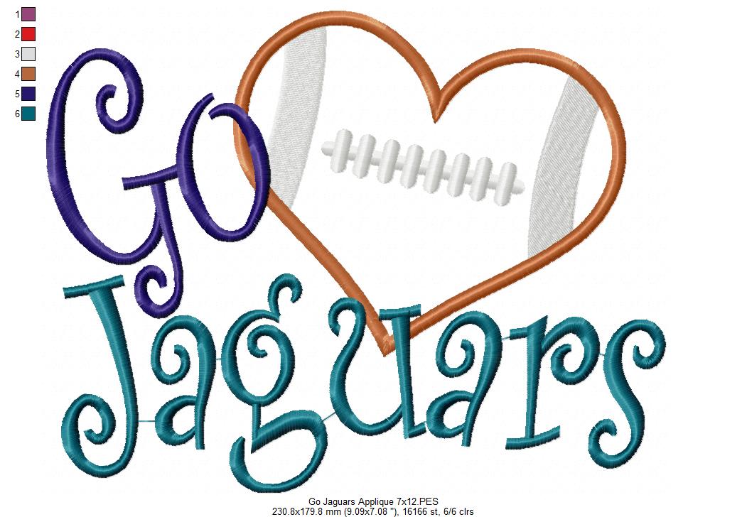 Go Jaguars Football Heart – Appliqué – Machine Embroidery Design