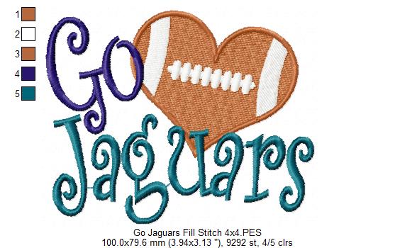 Go Jaguars Football Heart – Fill Stitch – Machine Embroidery Design