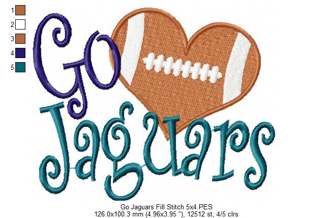 Go Jaguars Football Heart – Fill Stitch – Machine Embroidery Design