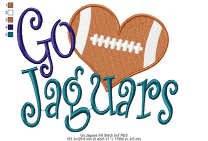 Go Jaguars Football Heart – Fill Stitch – Machine Embroidery Design