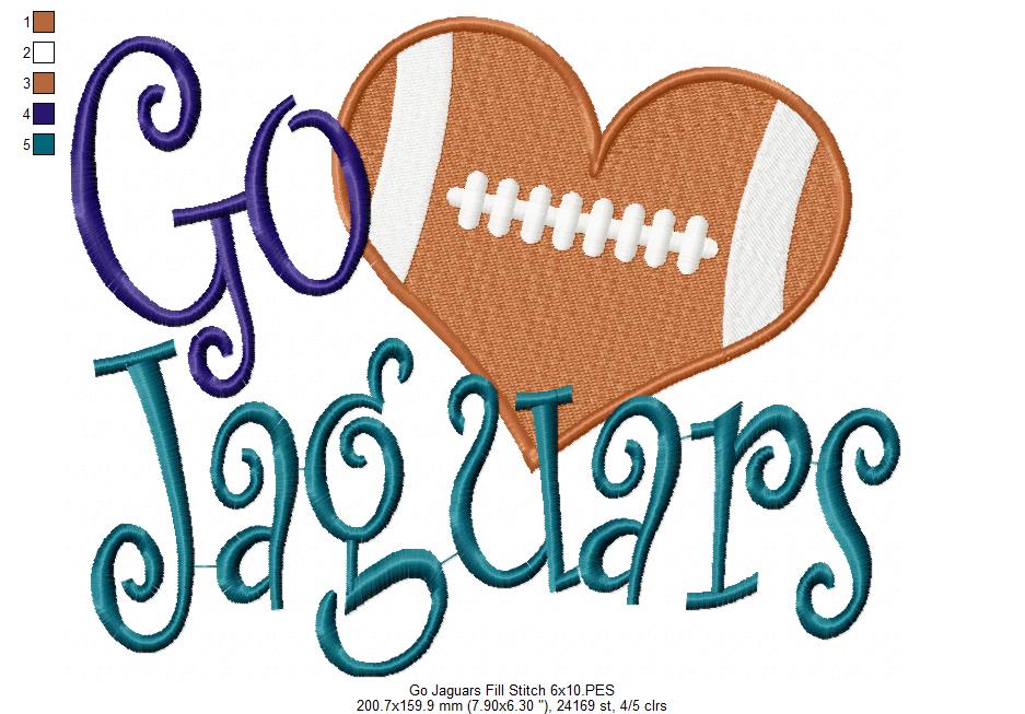 Go Jaguars Football Heart – Fill Stitch – Machine Embroidery Design