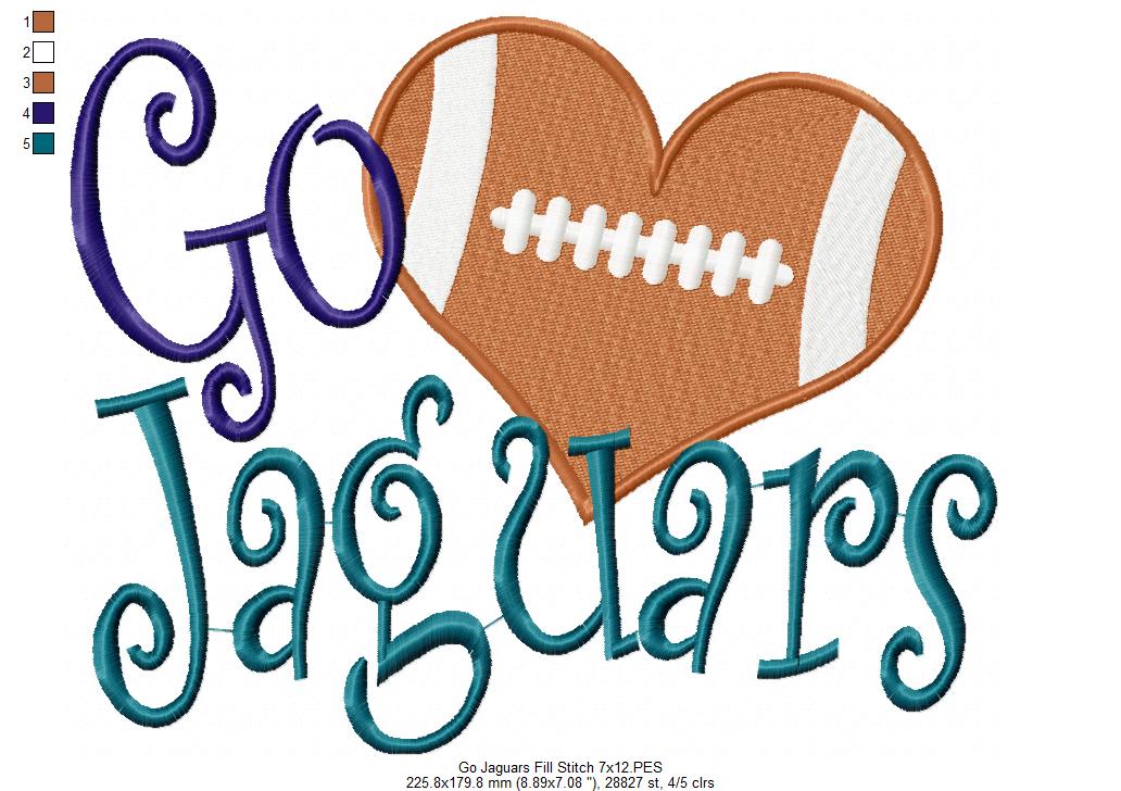 Go Jaguars Football Heart – Fill Stitch – Machine Embroidery Design