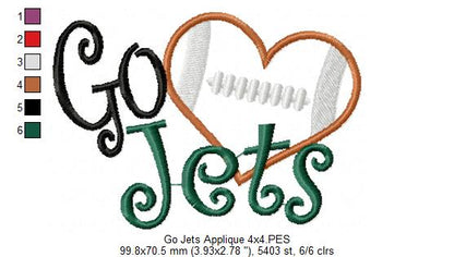 Go Jets Football Heart – Appliqué – Satin Stitch – Machine Embroidery Design