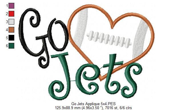 Go Jets Football Heart – Appliqué – Satin Stitch – Machine Embroidery Design