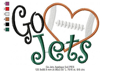 Go Jets Football Heart – Appliqué – Satin Stitch – Machine Embroidery Design