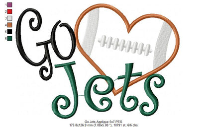 Go Jets Football Heart – Appliqué – Satin Stitch – Machine Embroidery Design
