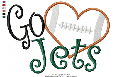 Go Jets Football Heart – Appliqué – Satin Stitch – Machine Embroidery Design