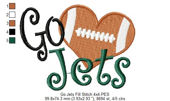 Go Jets Football Heart – Fill Stitch – Machine Embroidery Design