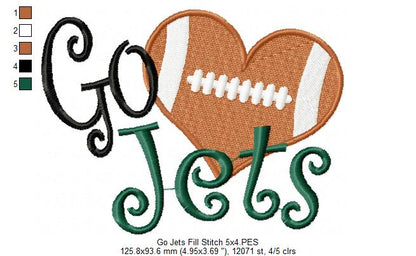 Go Jets Football Heart – Fill Stitch – Machine Embroidery Design