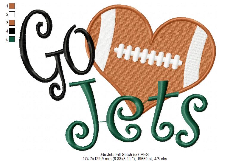 Go Jets Football Heart – Fill Stitch – Machine Embroidery Design