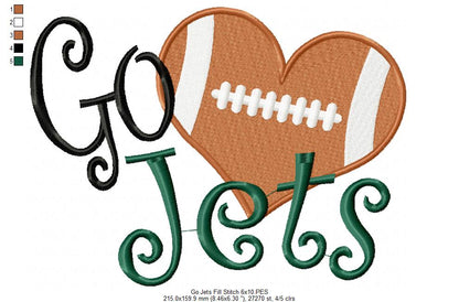Go Jets Football Heart – Fill Stitch – Machine Embroidery Design