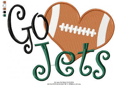 Go Jets Football Heart – Fill Stitch – Machine Embroidery Design