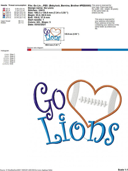 Football Go Lions - Applique