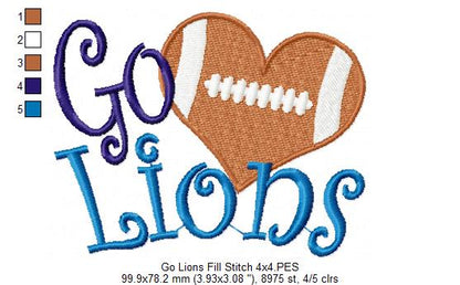 Go Lions Football Heart – Fill Stitch – Machine Embroidery Design
