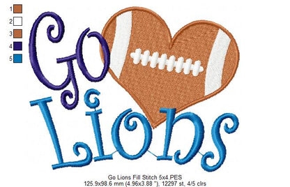 Go Lions Football Heart – Fill Stitch – Machine Embroidery Design