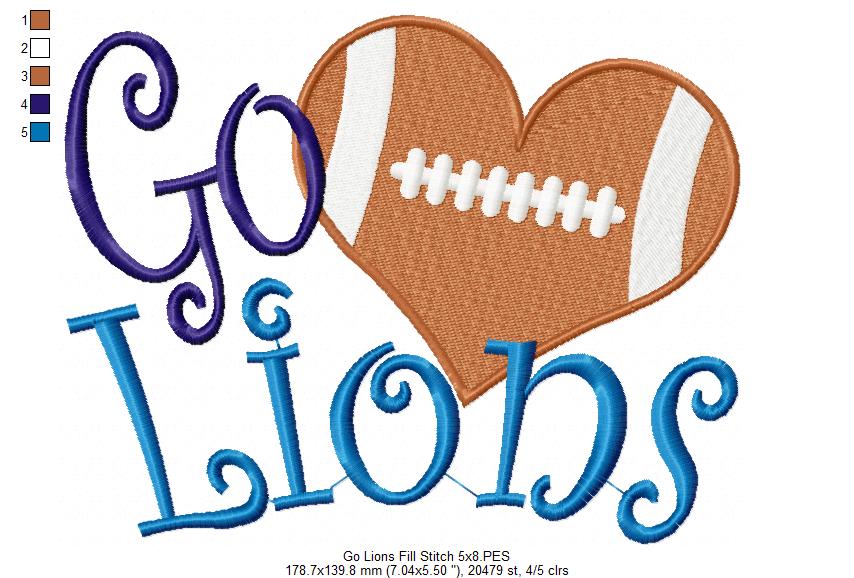 Go Lions Football Heart – Fill Stitch – Machine Embroidery Design