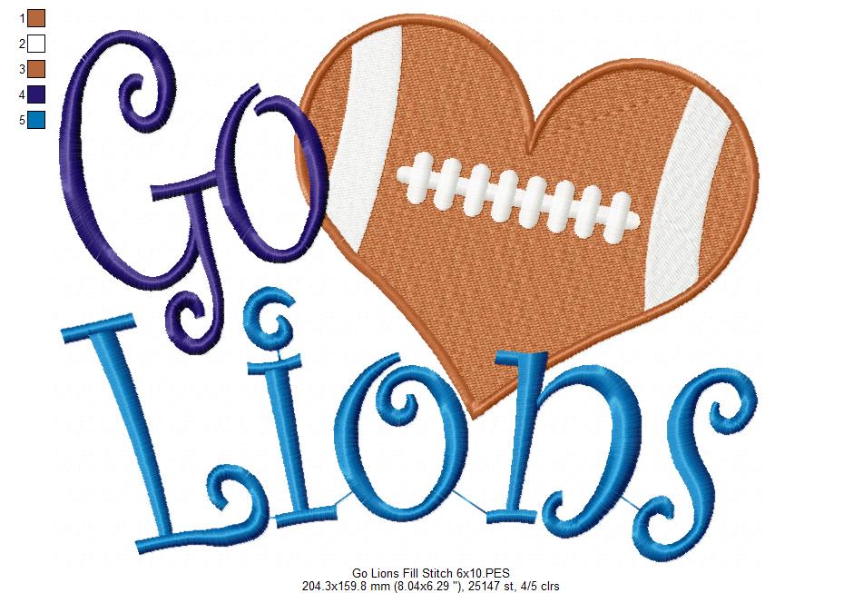 Go Lions Football Heart – Fill Stitch – Machine Embroidery Design