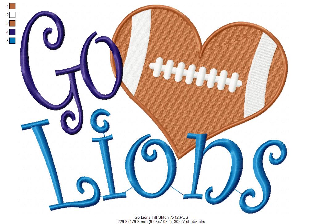Go Lions Football Heart – Fill Stitch – Machine Embroidery Design