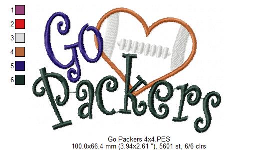 Go Packers Football Heart – Appliqué – Machine Embroidery Design