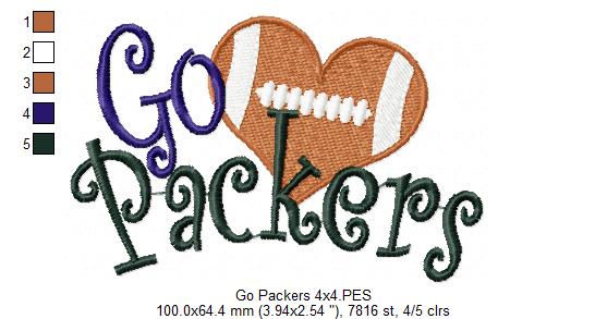 Go Packers Football Heart – Fill Stitch – Machine Embroidery Design