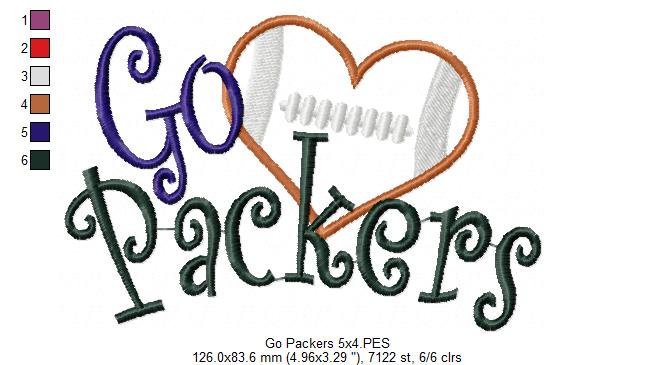 Go Packers Football Heart – Appliqué – Machine Embroidery Design
