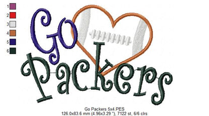 Go Packers Football Heart – Appliqué – Machine Embroidery Design