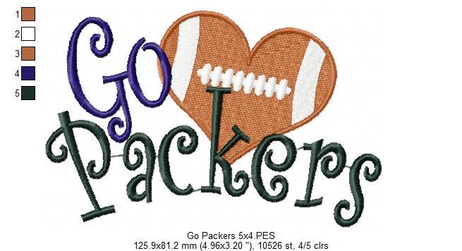 Go Packers Football Heart – Fill Stitch – Machine Embroidery Design