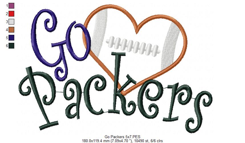 Go Packers Football Heart – Appliqué – Machine Embroidery Design