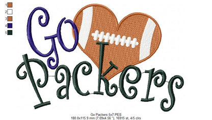 Go Packers Football Heart – Fill Stitch – Machine Embroidery Design