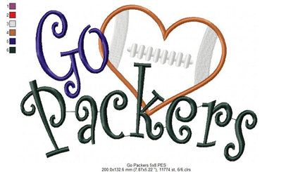 Go Packers Football Heart – Appliqué – Machine Embroidery Design