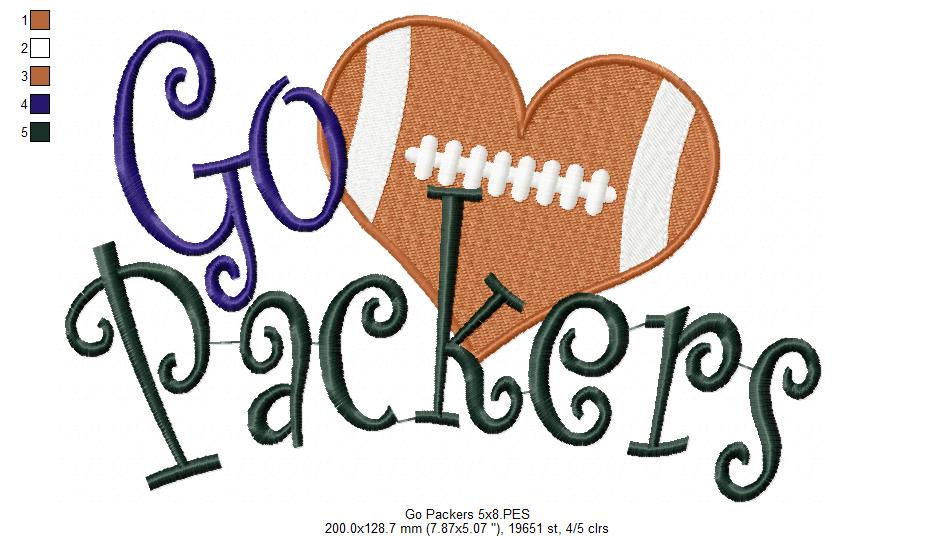 Go Packers Football Heart – Fill Stitch – Machine Embroidery Design