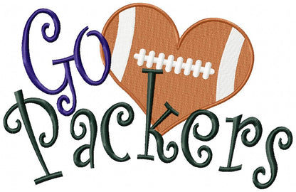 Go Packers Football Heart – Fill Stitch – Machine Embroidery Design