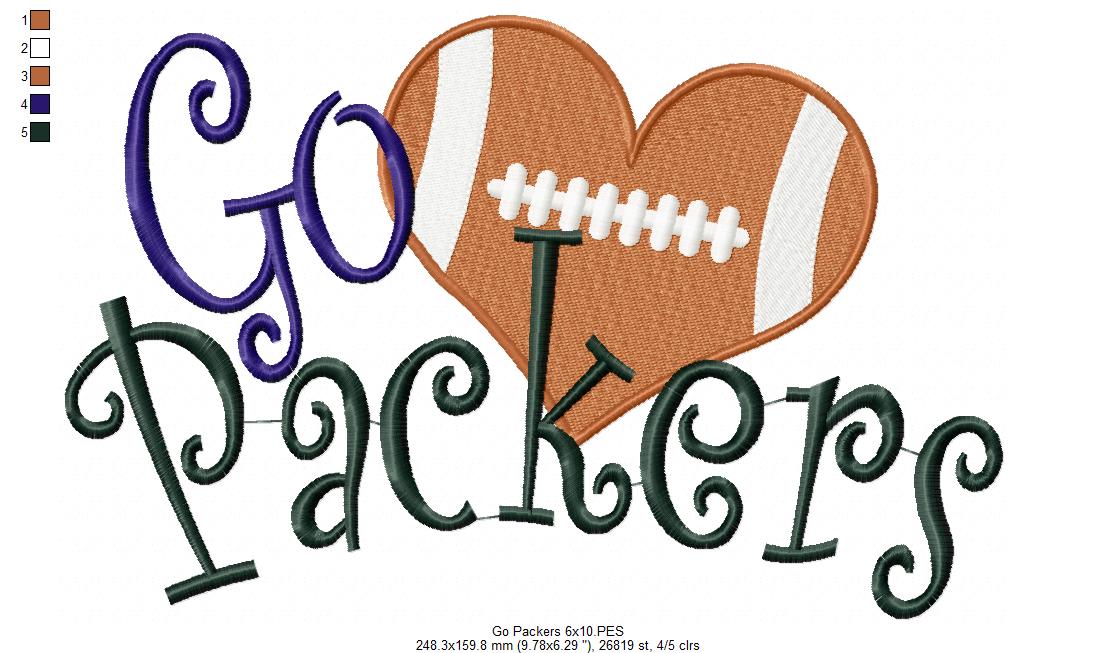 Go Packers Football Heart – Fill Stitch – Machine Embroidery Design