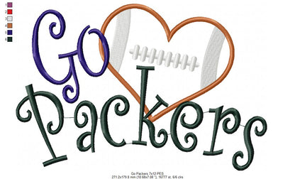Go Packers Football Heart – Appliqué – Machine Embroidery Design