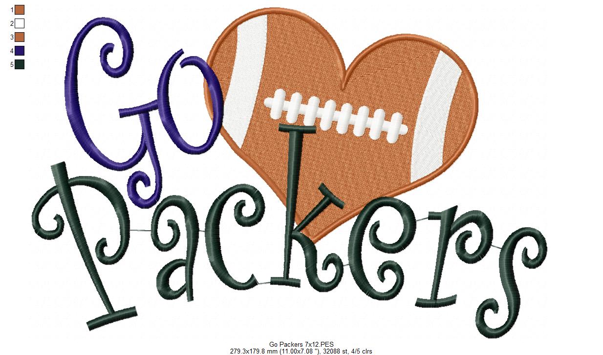 Go Packers Football Heart – Fill Stitch – Machine Embroidery Design