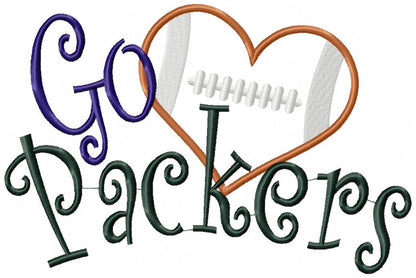 Go Packers Football Heart – Appliqué – Machine Embroidery Design