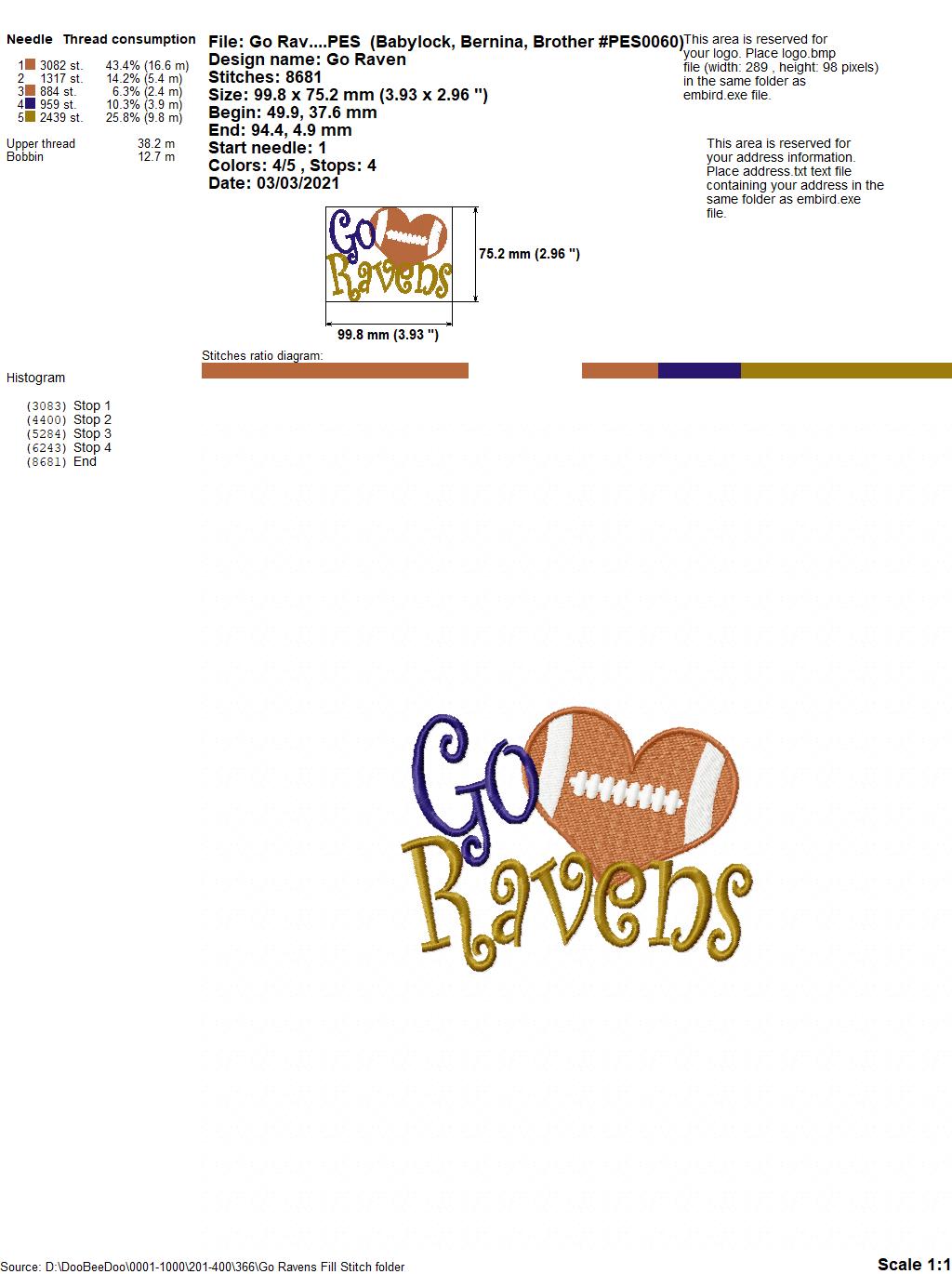 Go Ravens Football Heart – Fill Stitch – Machine Embroidery Design
