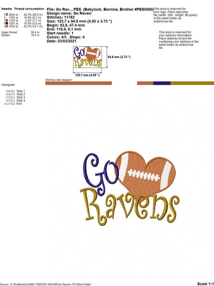 Go Ravens Football Heart – Fill Stitch – Machine Embroidery Design
