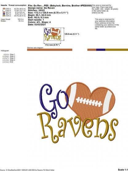 Go Ravens Football Heart – Fill Stitch – Machine Embroidery Design
