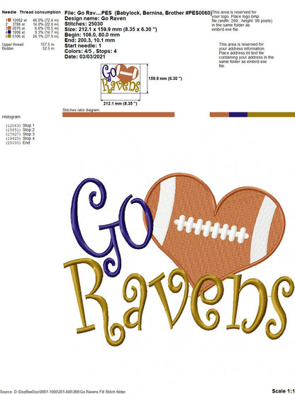 Go Ravens Football Heart – Fill Stitch – Machine Embroidery Design