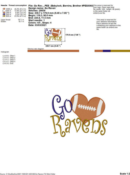 Go Ravens Football Heart – Fill Stitch – Machine Embroidery Design