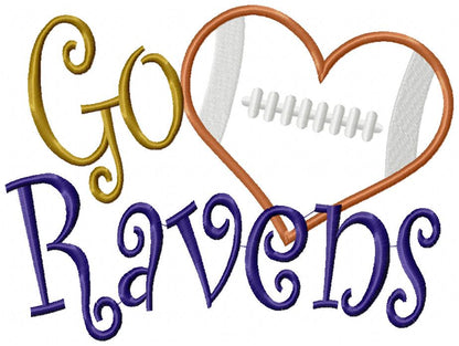 Go Ravens Football Heart – Appliqué – Machine Embroidery Design