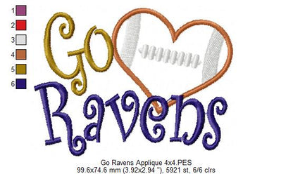 Go Ravens Football Heart – Appliqué – Machine Embroidery Design