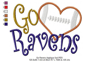Go Ravens Football Heart – Appliqué – Machine Embroidery Design